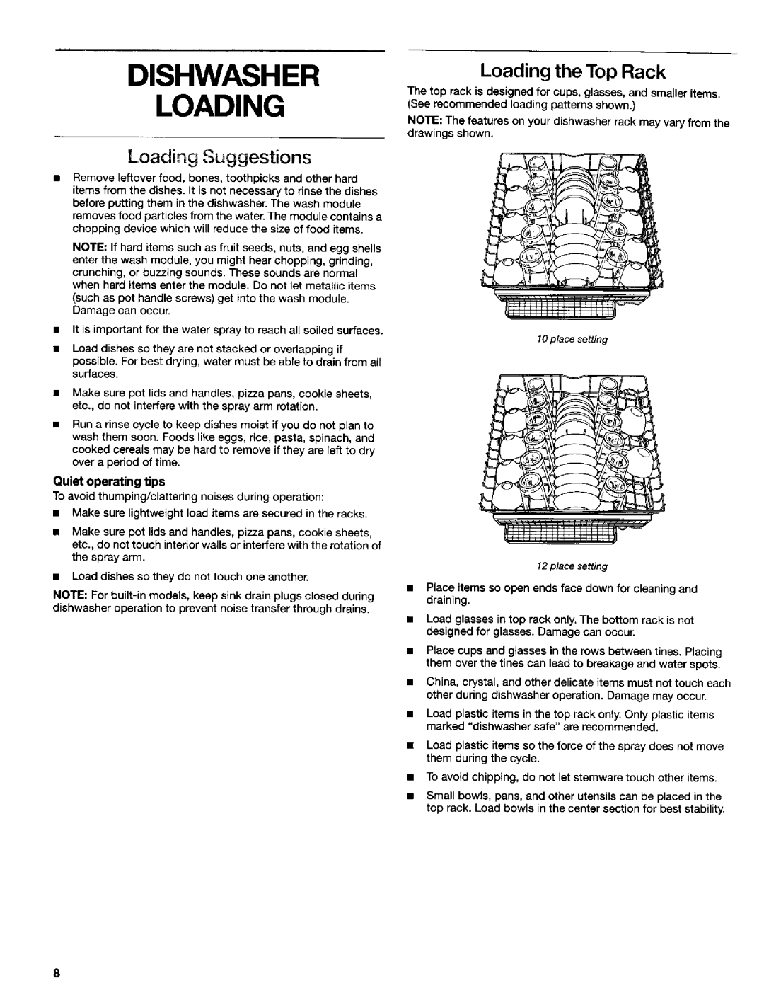 Kenmore 665.16837, 665.15839, 665.15832, 665.16834, 665.15834 manual Dishwasher Loading, Loading the Top Rack, place setting 