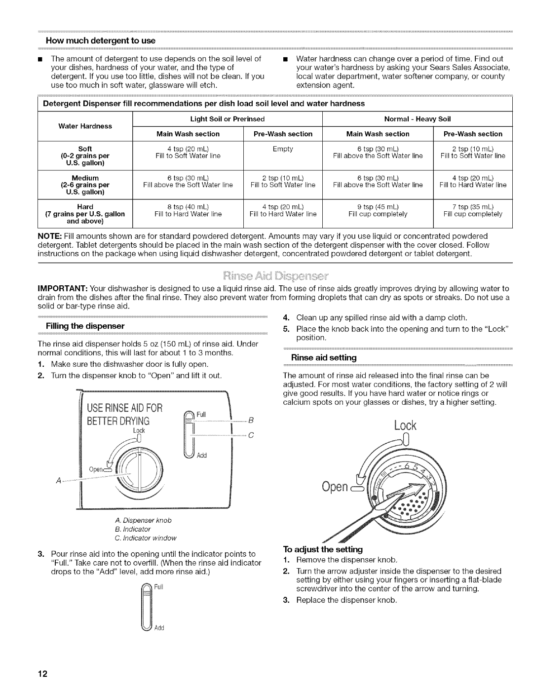 Kenmore 665.1703, 665.1702, 665.1602, 665.1603 manual How Much Detergent, Rinse aid setting, To adjust the setting 