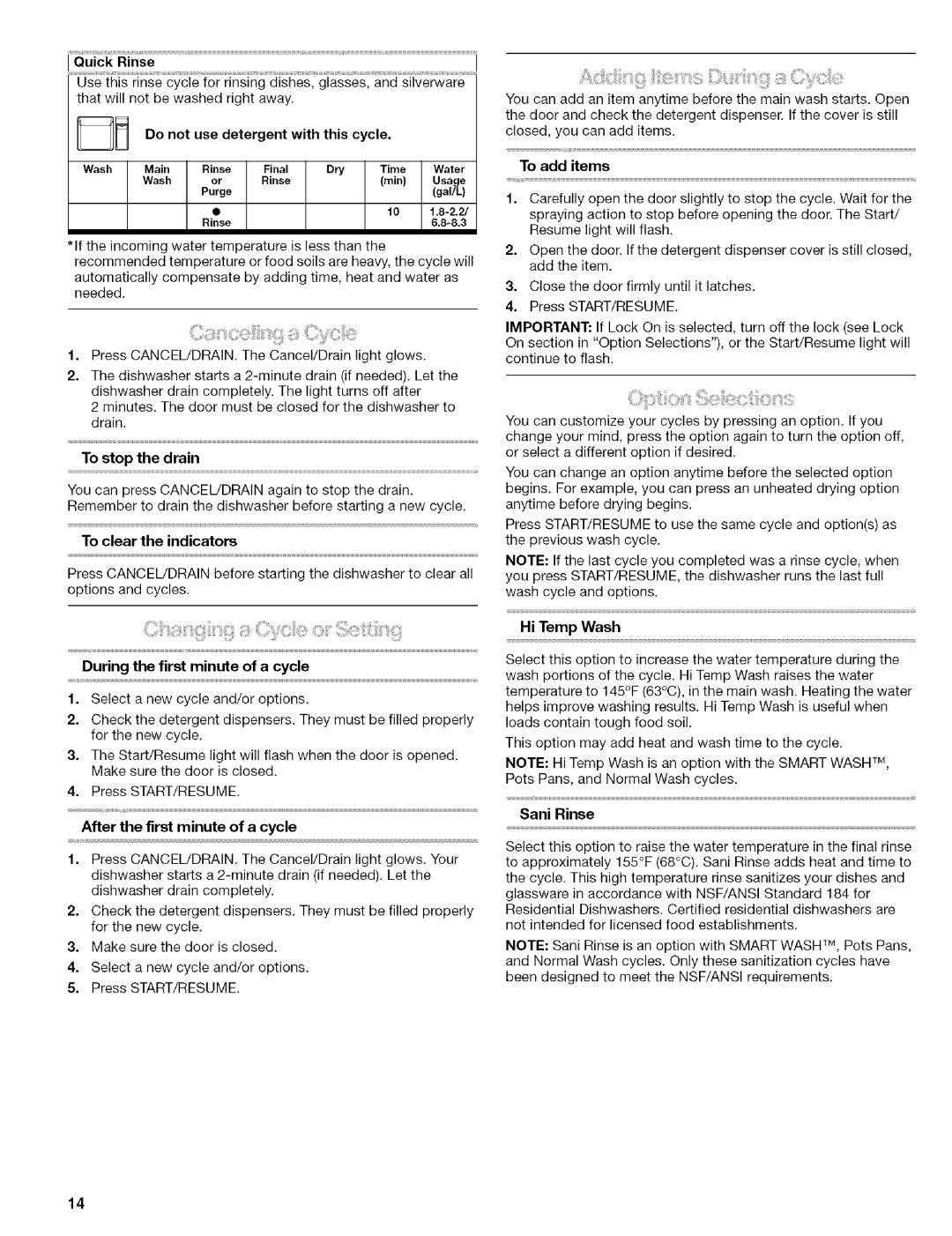 Kenmore 665.1602 Quick Rinse, Do not Use detergent With this Cycle, To stop the drain, To clear the indicators, Sani Rinse 