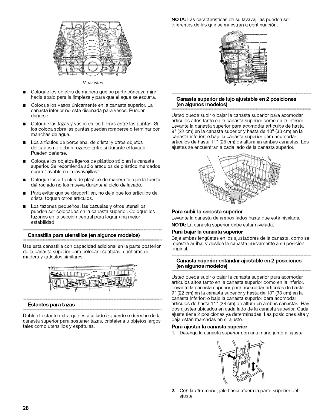 Kenmore 665.1703 manual Canastilla para utensilios en algunos modelos, Estantes para tazas, Para subir la canasta superior 