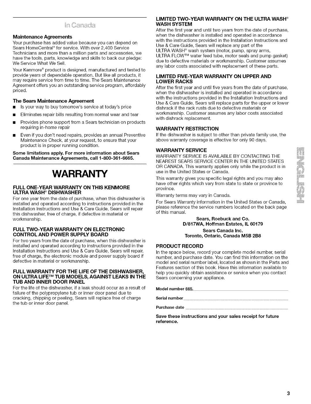 Kenmore 665.1603 manual Limited TWO-YEAR Warranty on the Ultra Wash Wash System, Warranty Restriction, Product Record 