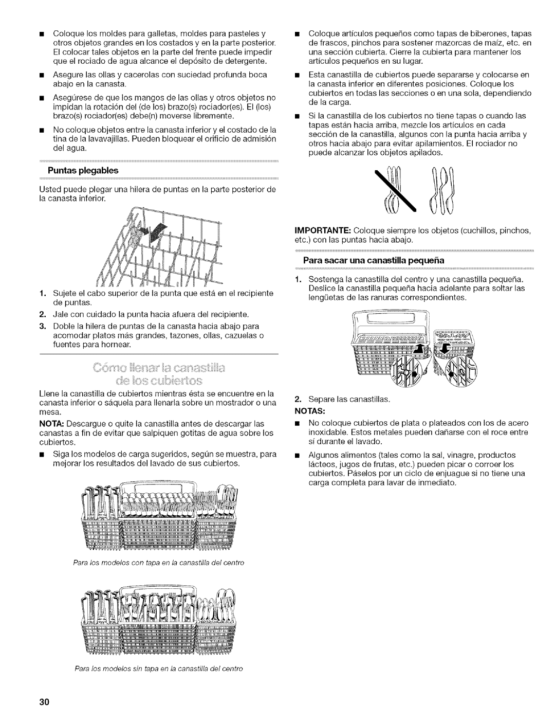 Kenmore 665.1602, 665.1703, 665.1702, 665.1603 manual Puntas plegables, Para sacar una canastilla pequea, Notas 