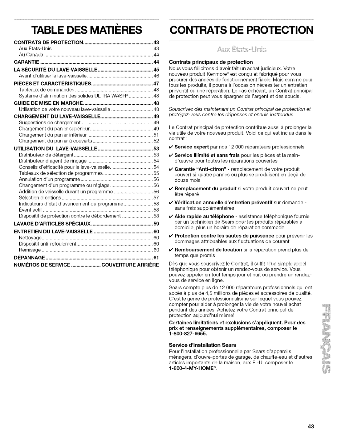 Kenmore 665.1603, 665.1703, 665.1702, 665.1602 manual Table DES MATI#RES, Contrats DE Protection 