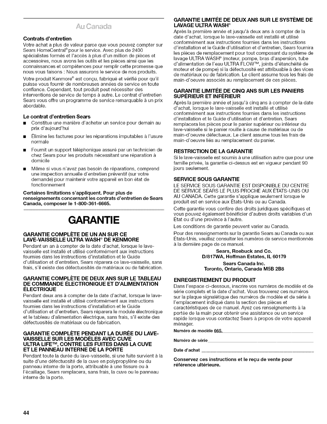 Kenmore 665.1703, 665.1702 ET LE Panneau Interne DE LA Porte, Restriction DE LA Garantie, Enregistrement DU Produit 