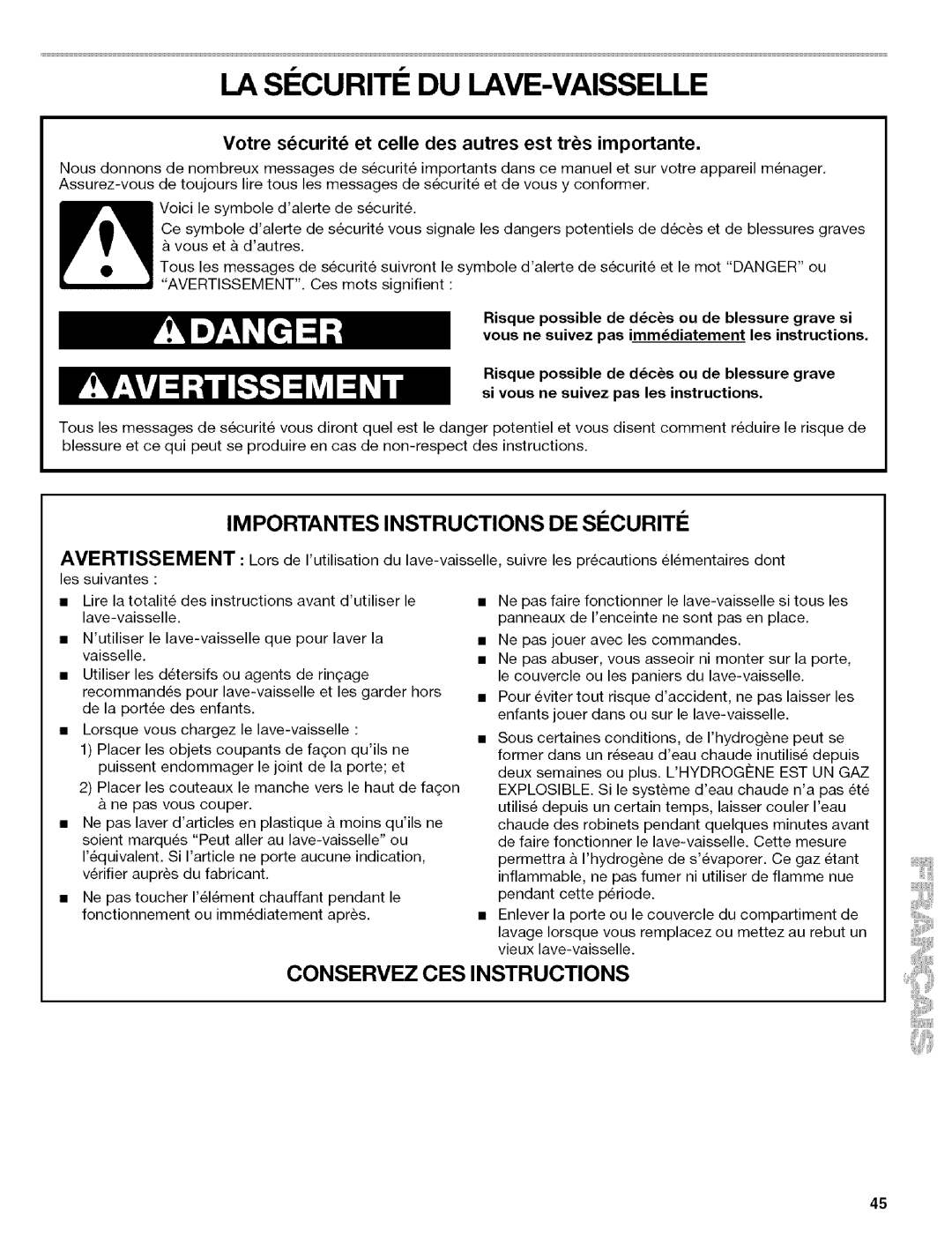 Kenmore 665.1702, 665.1703, 665.1602 manual LA SI Curiti DU LAVE-VAISSELLE, Risque possible de dcs ou de blessure grave si 