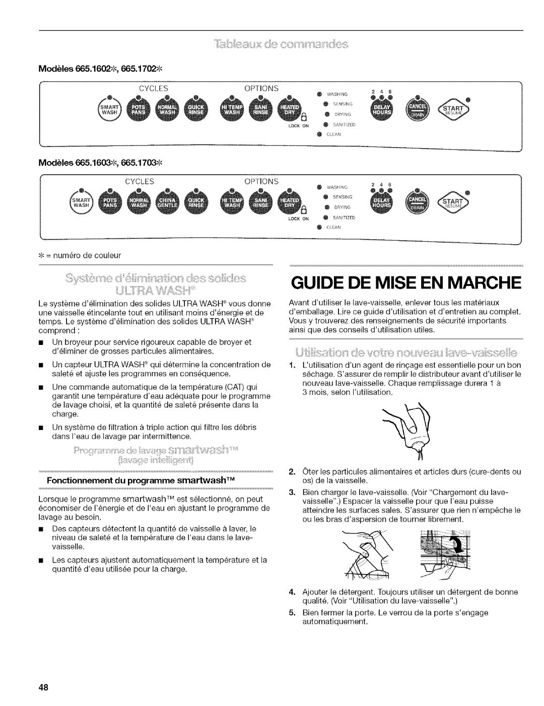 Kenmore 665.1703 manual Guide DE Mise EN Marche, ModUles 665.1602,665.1702, ModUles 665.1603% 