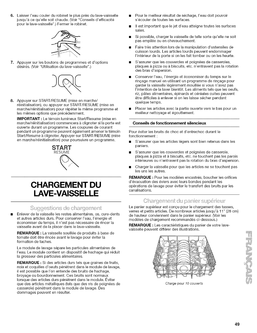 Kenmore 665.1702, 665.1703, 665.1602, 665.1603 manual Chargement DU LAVE-VAISSELLE, Conseils de fonctionnement silencieux 