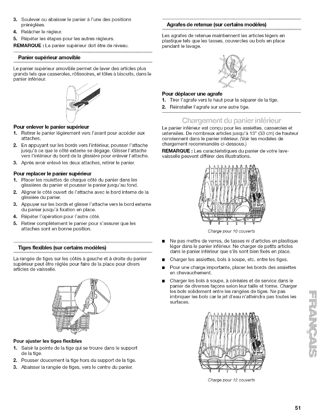 Kenmore 665.1603 Pour enlever le panier suprieur, Pour replacer le panier suprieur, Tiges flexibles sur certains modules 
