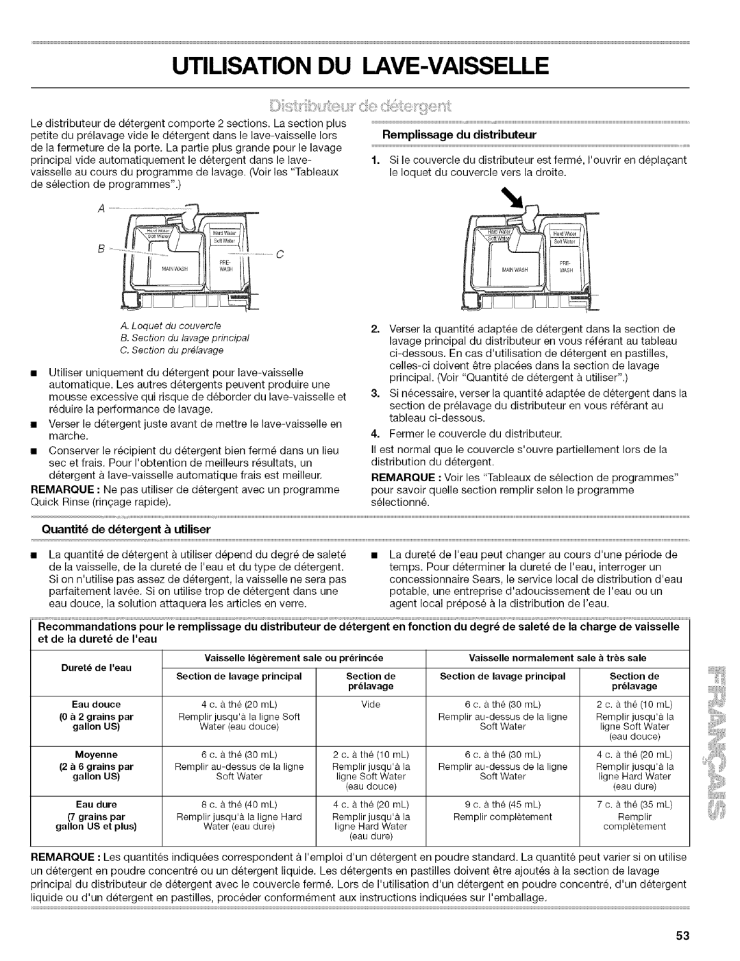 Kenmore 665.1702, 665.1703 manual Utilisation DU LAVE-VAISSELLE, Quantit de dtergent & utiliser Remplissage du distributeur 