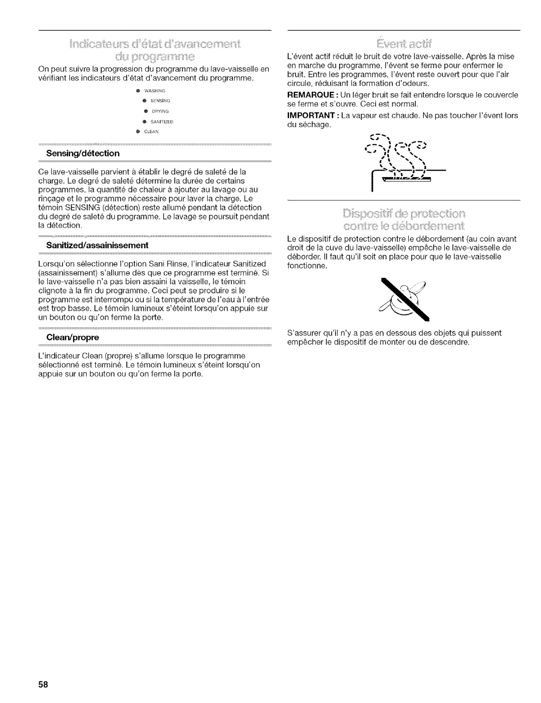 Kenmore 665.1602, 665.1703, 665.1702, 665.1603 manual Sensing/dtection, Sanitized/assainissement, ClearVpropre 