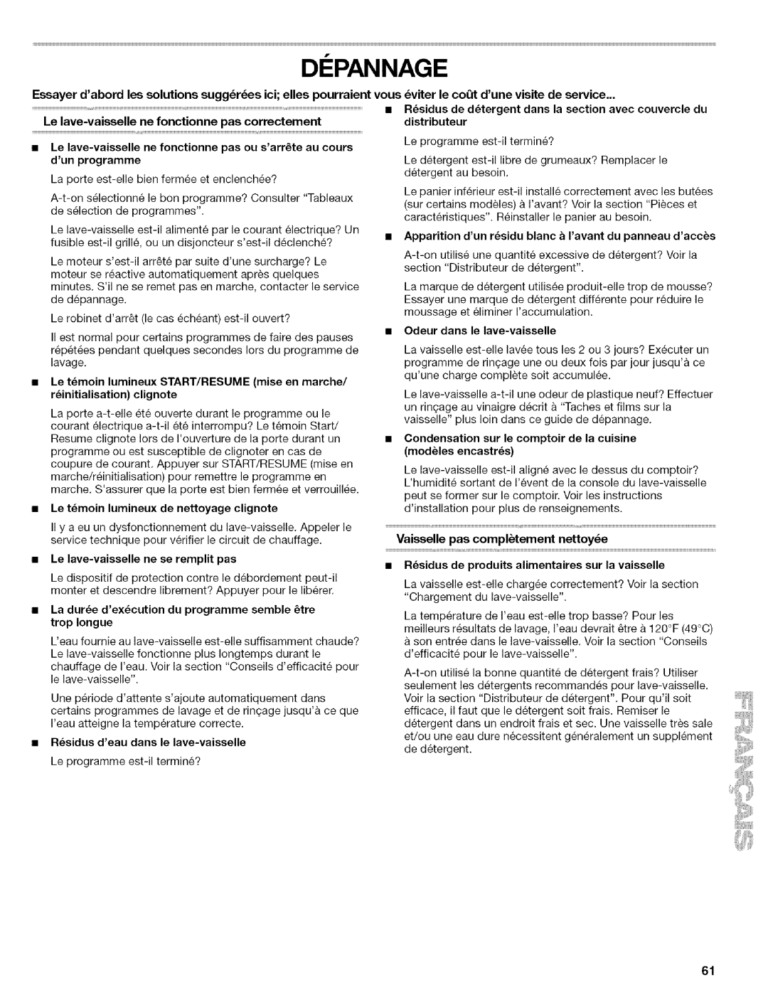 Kenmore 665.1702, 665.1703, 665.1602, 665.1603 manual Depannage, Condensation sur le comptoir de la cuisine modUles encastrs 