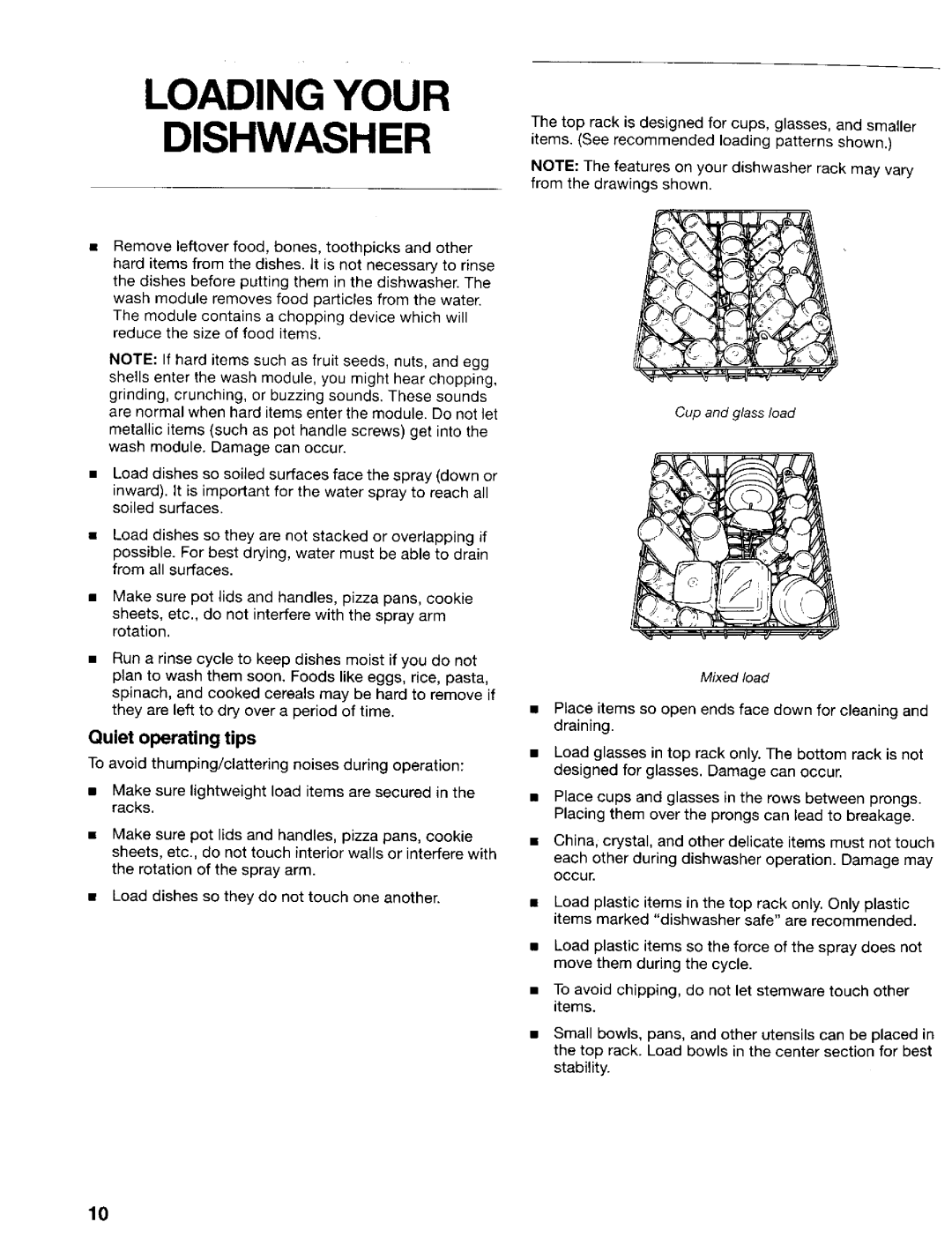 Kenmore 665.17422, 665.17425 manual Loading Your Dishwasher, Quiet operating tips 