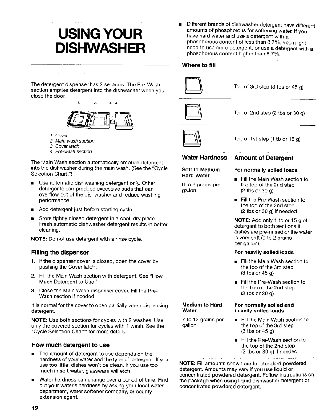 Kenmore 665.17422, 665.17425 manual Using Your Dishwasher, Where to fill, Filling the dispenser, How much detergent to use 