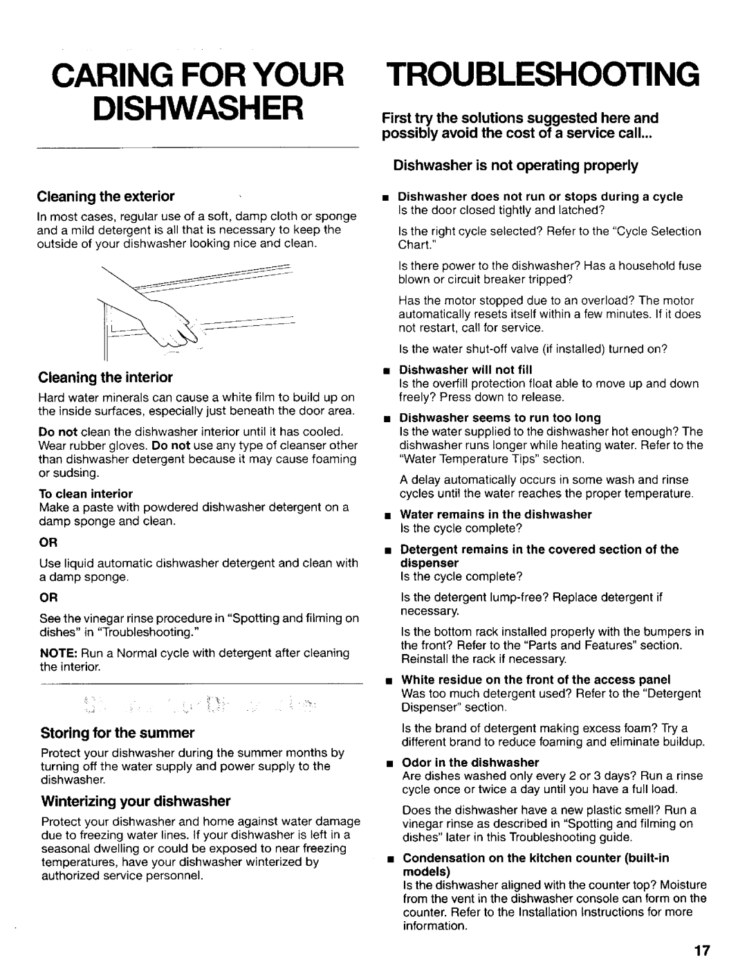 Kenmore 665.17425, 665.17422 manual Caring for Your Dishwasher, Troubleshooting 