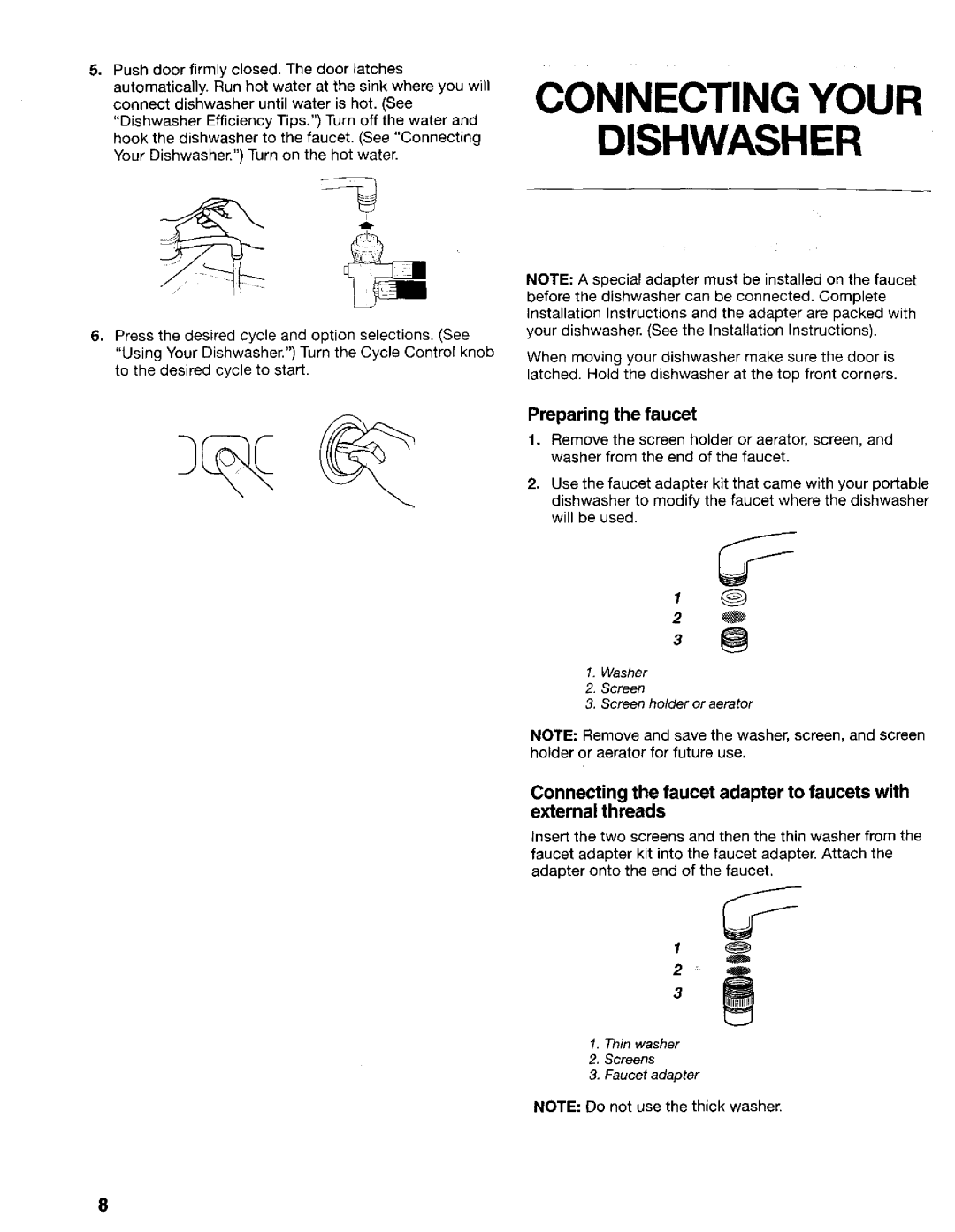 Kenmore 665.17422, 665.17425 manual Dishwasher, Preparing the faucet 