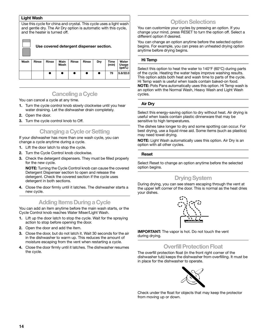 Kenmore 665.1771 manual Canceling a Cycle, Changing a Cycle or Setting, Option Selections, Drying System 