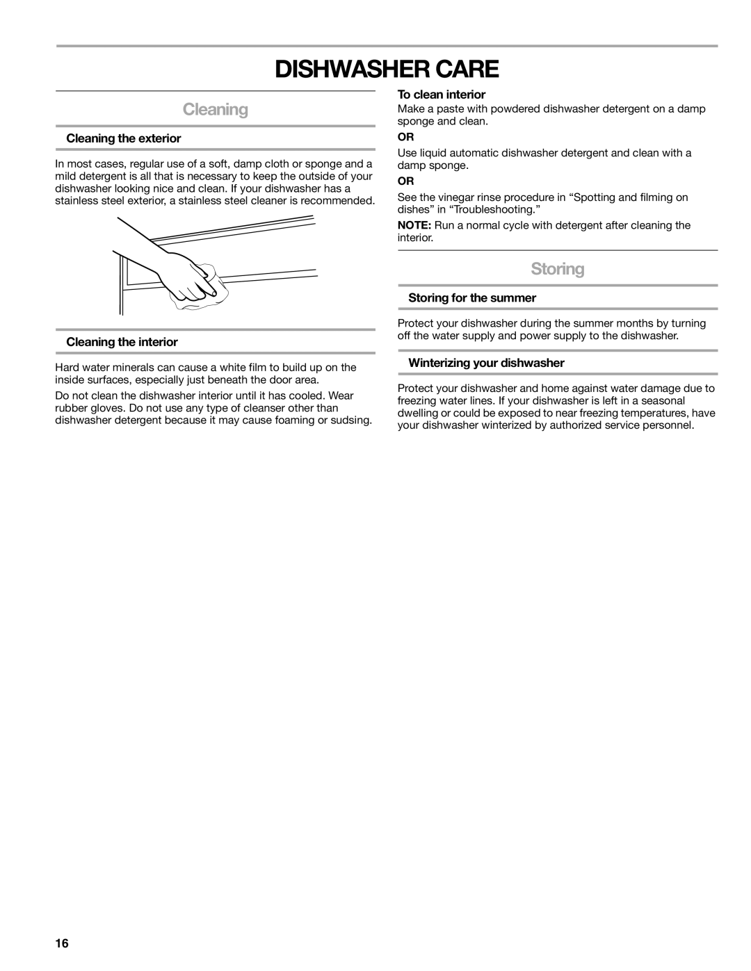 Kenmore 665.1771 manual Dishwasher Care, Cleaning, Storing 