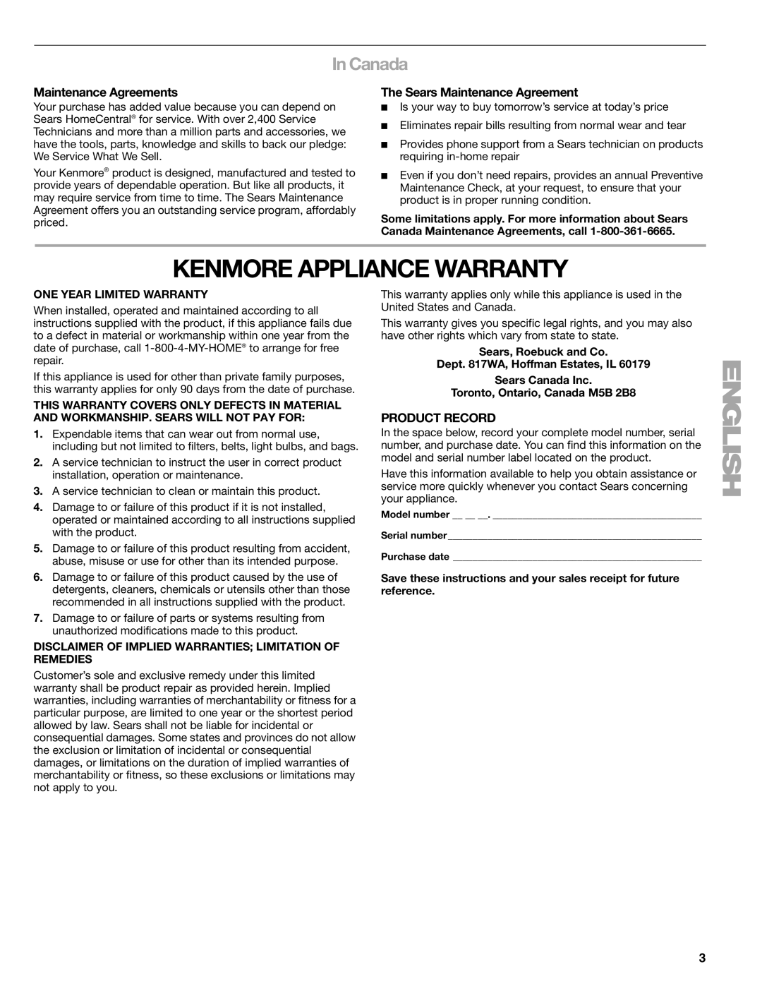 Kenmore 665.1771 manual Kenmore Appliance Warranty, Canada, Maintenance Agreements, Sears Maintenance Agreement 