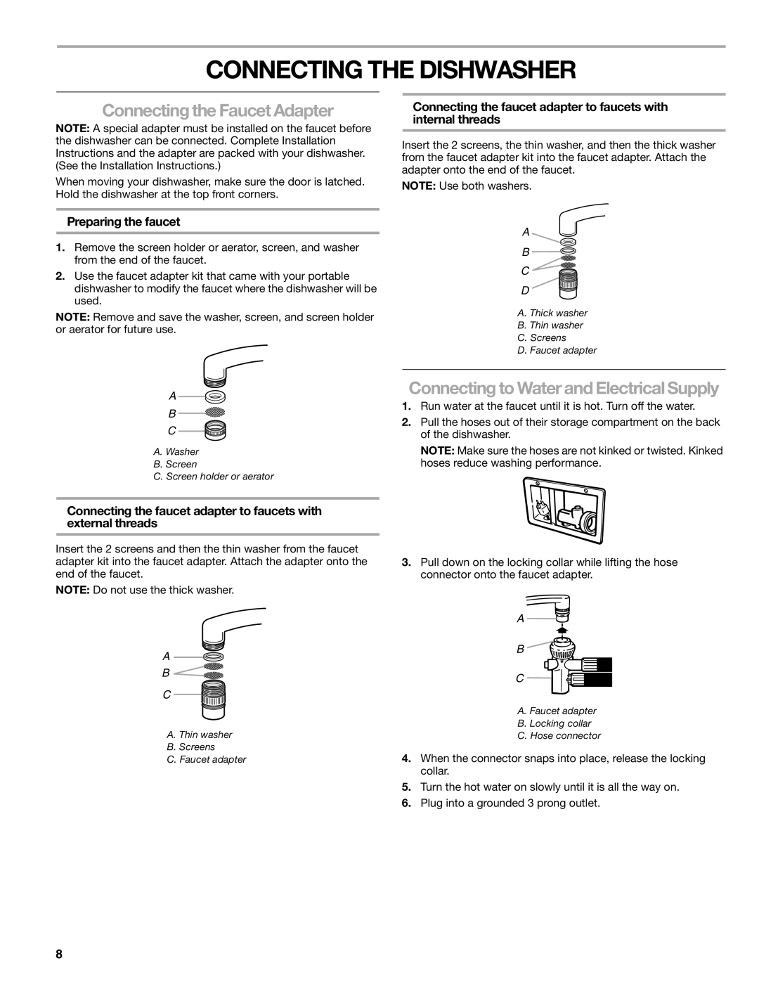 Kenmore 665.1771 manual Connecting the Dishwasher, Connecting the Faucet Adapter, Preparing the faucet 