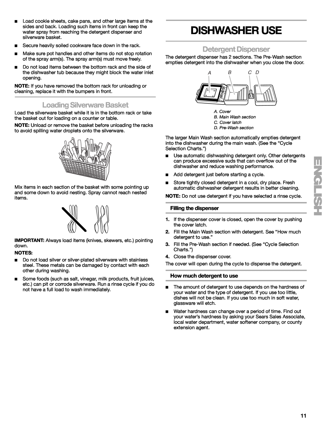 Kenmore 665.1771 manual Dishwasher Use, Loading Silverware Basket, Detergent Dispenser, Filling the dispenser, A B C D 