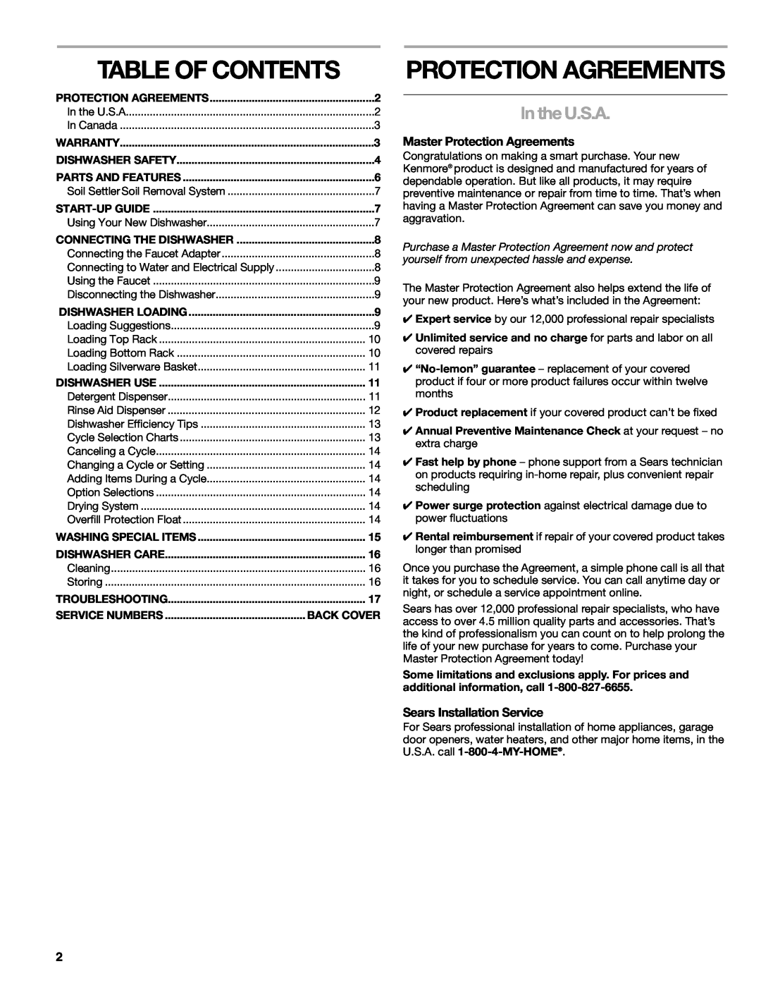 Kenmore 665.1771 Table Of Contents, In the U.S.A, Master Protection Agreements, Sears Installation Service, Back Cover 
