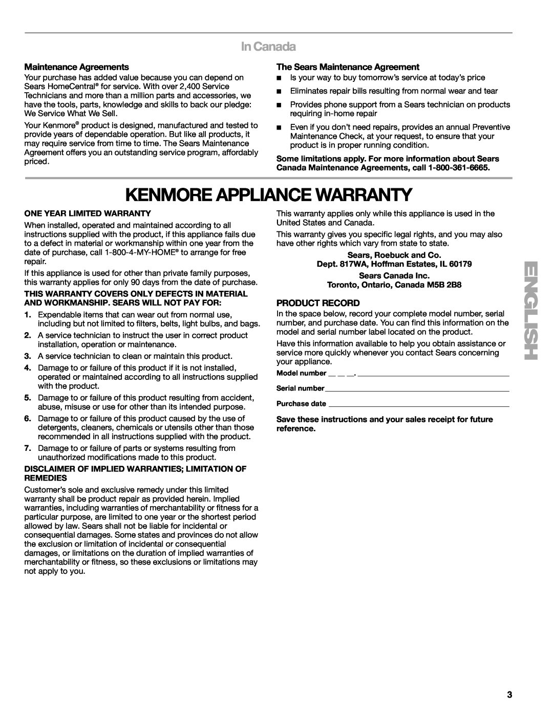 Kenmore 665.1771 manual Kenmore Appliance Warranty, In Canada, Maintenance Agreements, The Sears Maintenance Agreement 