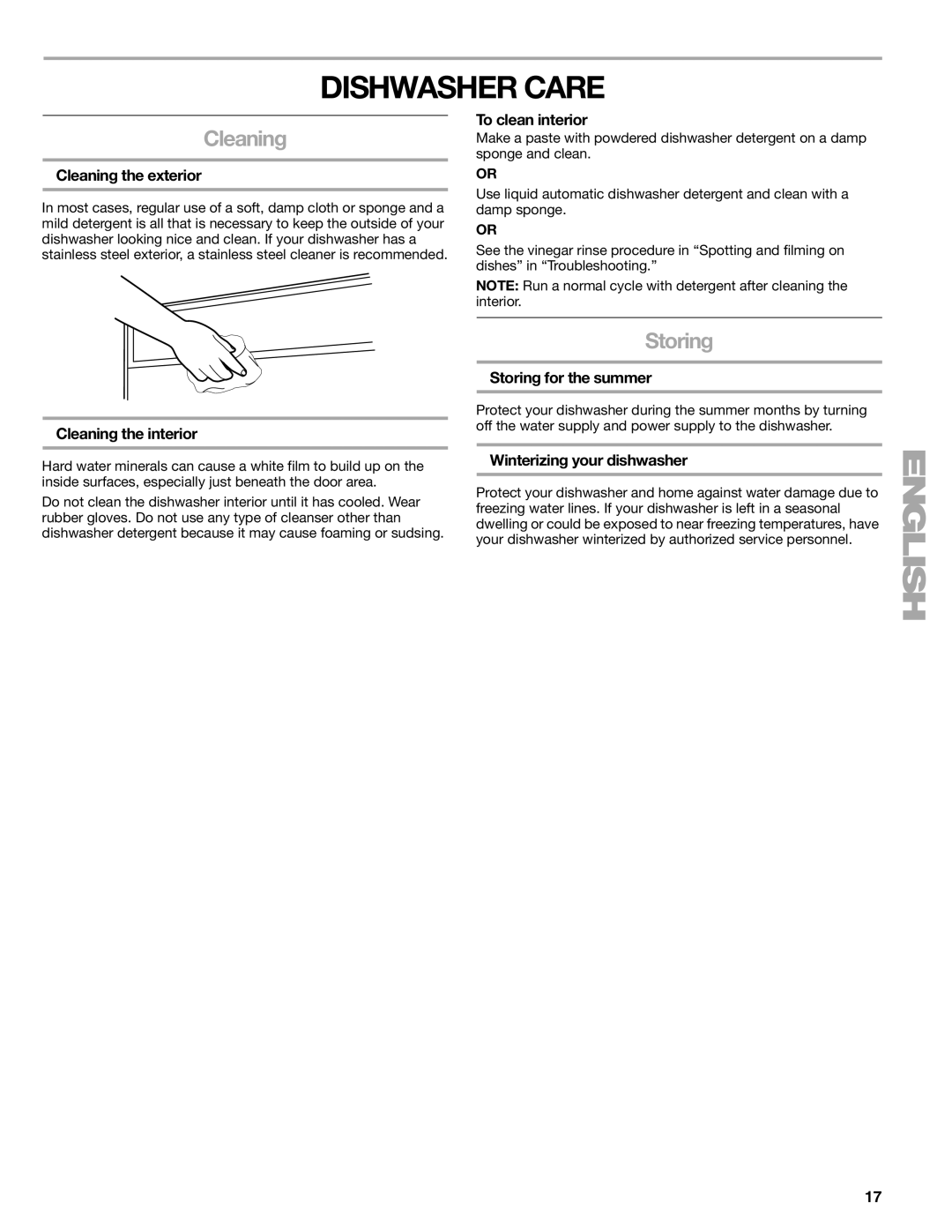 Kenmore 665.1776 manual Dishwasher Care, Cleaning, Storing 