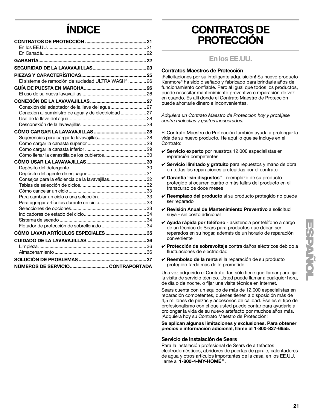 Kenmore 665.1776 manual Índice, Contratos DE Protección, En los EE.UU, Contratos Maestros de Protección 