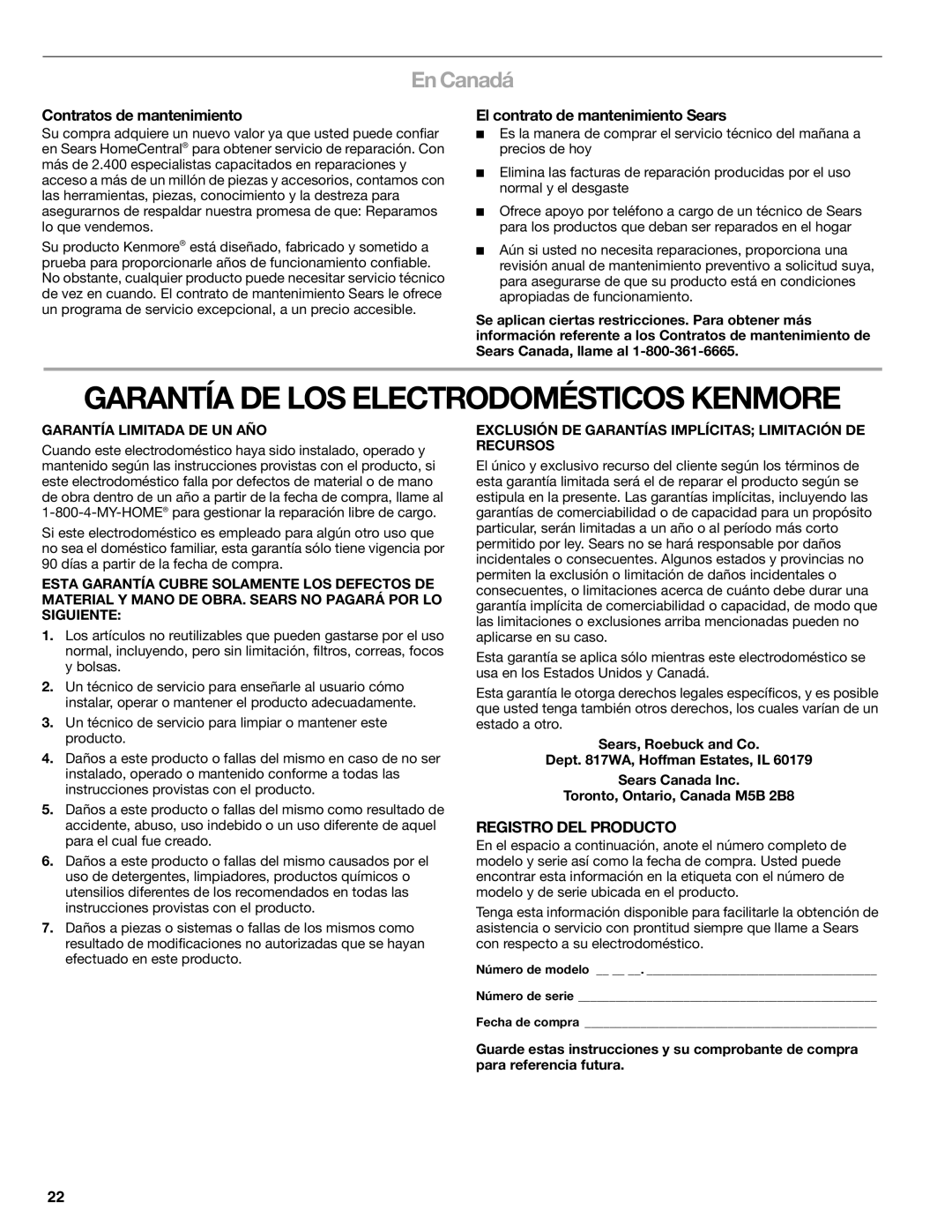 Kenmore 665.1776 manual Garantía DE LOS Electrodomésticos Kenmore, En Canadá, Contratos de mantenimiento 