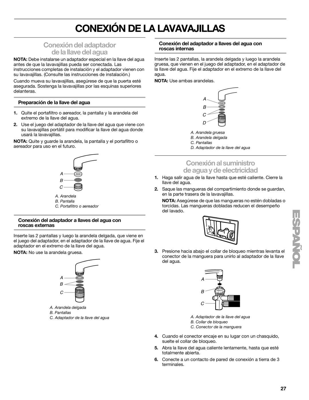 Kenmore 665.1776 manual Conexión DE LA Lavavajillas, Conexión del adaptador De la llave del agua 