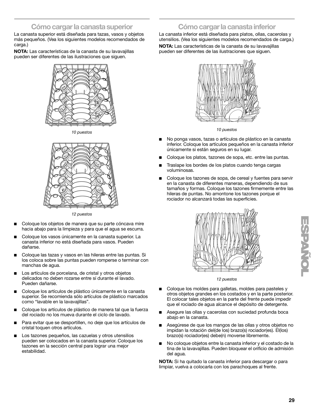 Kenmore 665.1776 manual Cómo cargar la canasta superior, Cómo cargar la canasta inferior 