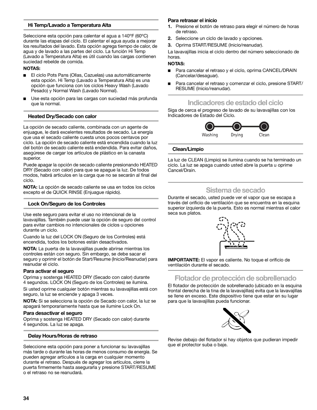 Kenmore 665.1776 manual Indicadores de estado del ciclo, Sistema de secado, Flotador de protección de sobrellenado 