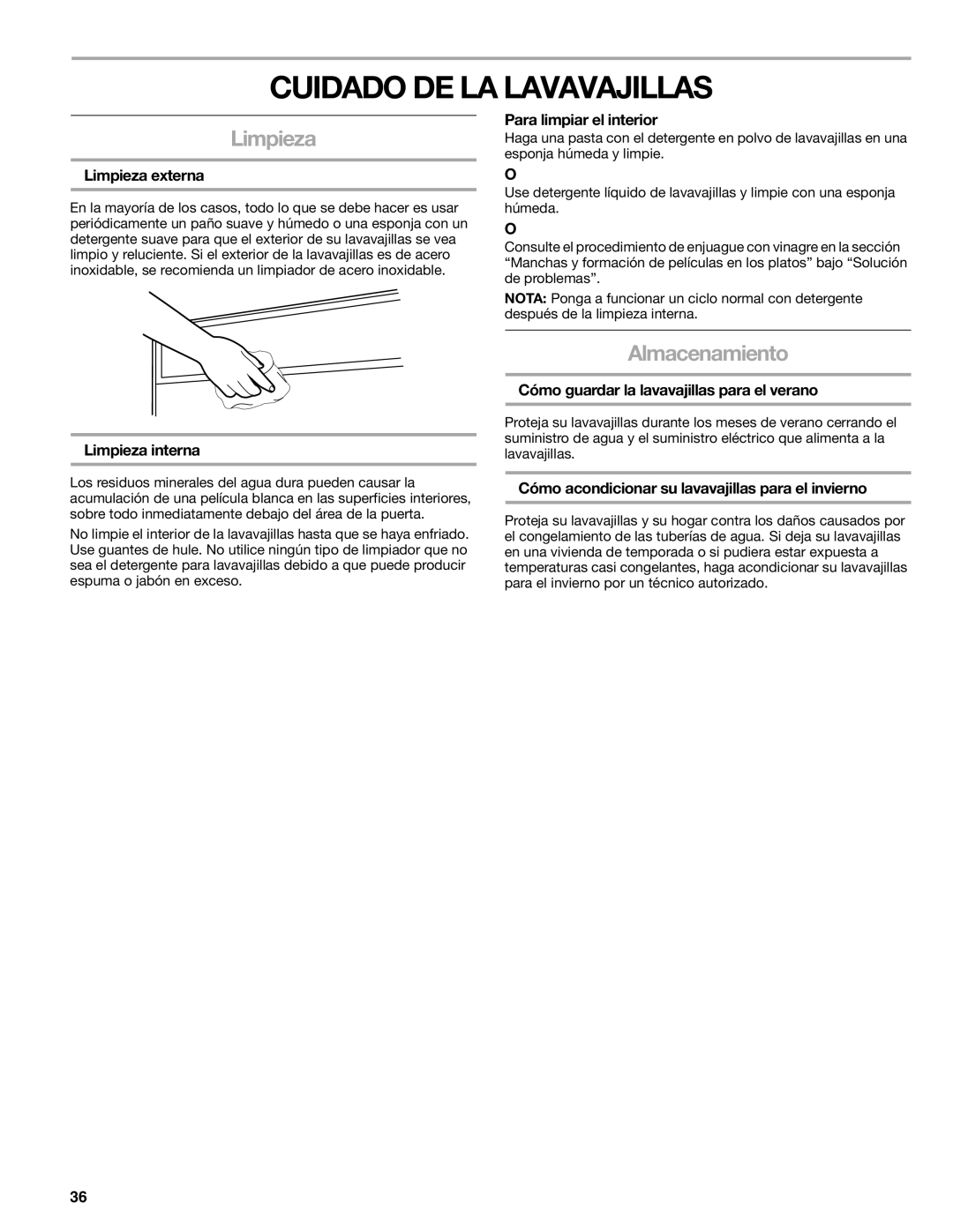 Kenmore 665.1776 manual Cuidado DE LA Lavavajillas, Limpieza, Almacenamiento 