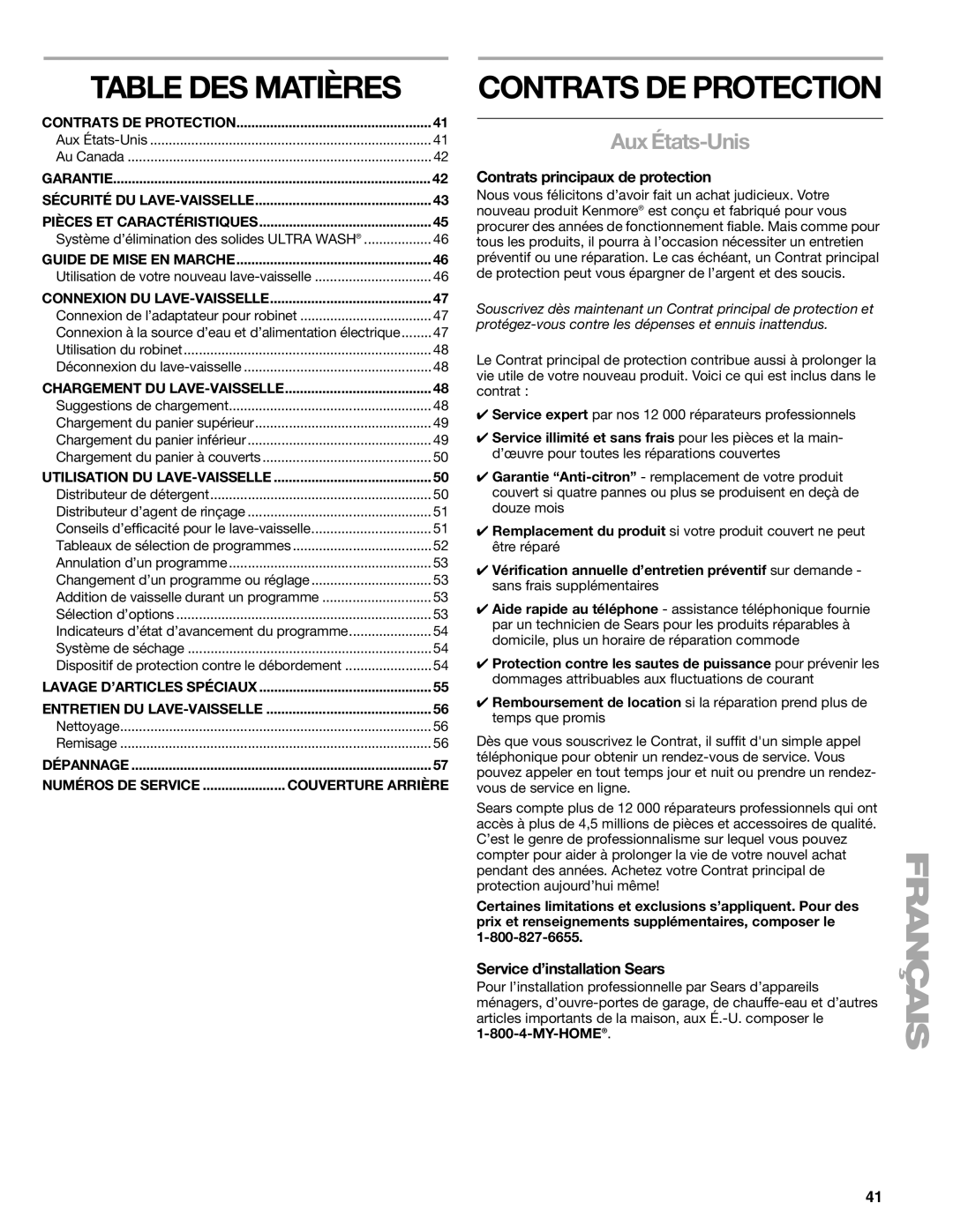 Kenmore 665.1776 manual Table DES Matières, Contrats DE Protection, Aux États-Unis, Contrats principaux de protection 