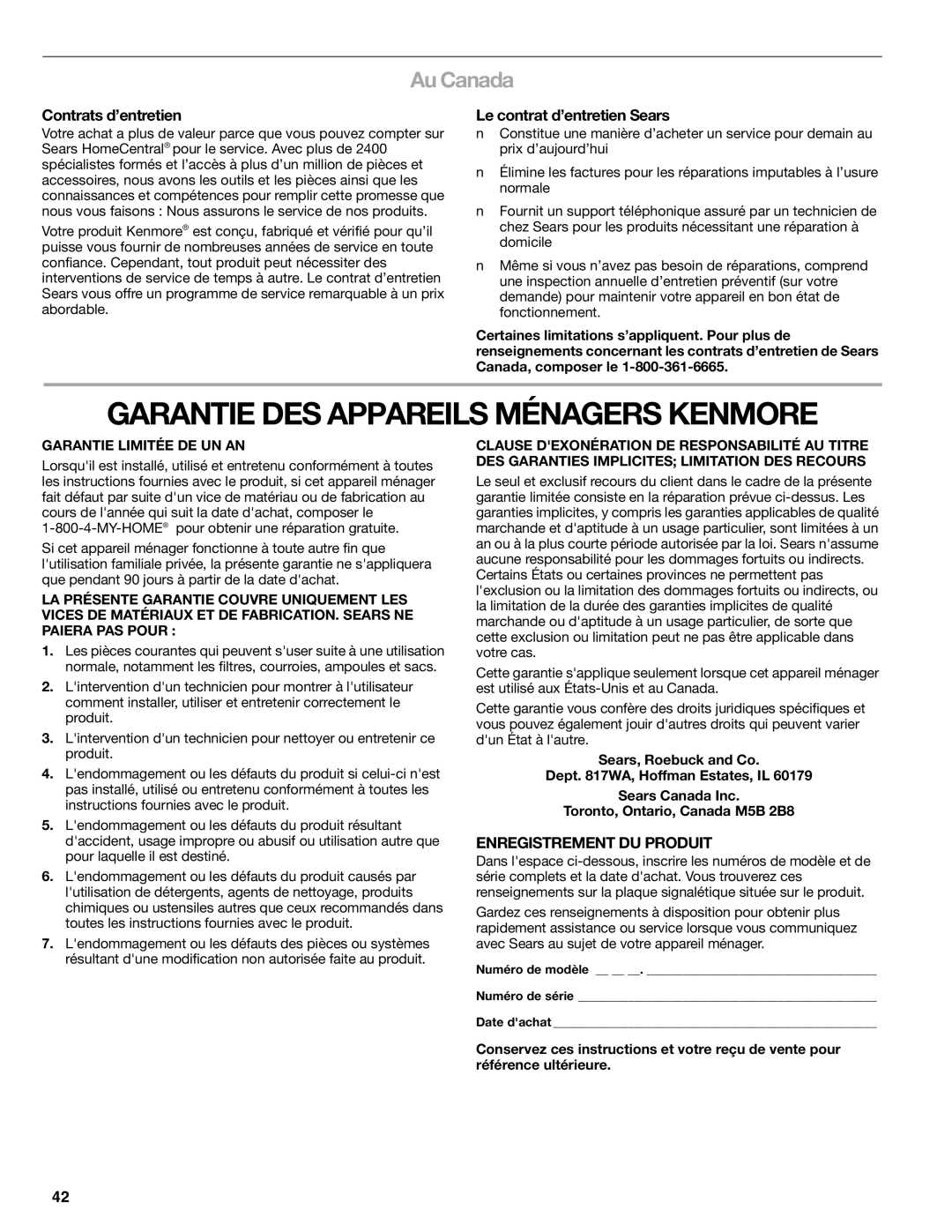 Kenmore 665.1776 Garantie DES Appareils Ménagers Kenmore, Au Canada, Contrats d’entretien, Le contrat d’entretien Sears 