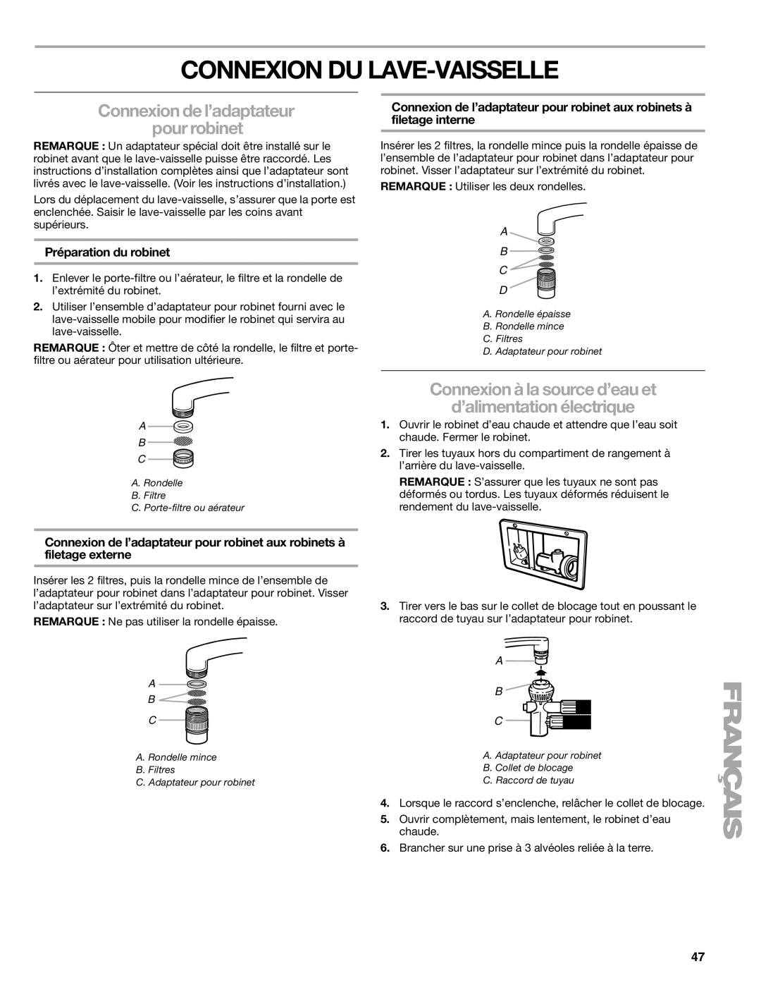 Kenmore 665.1776 manual Connexion DU LAVE-VAISSELLE, Connexion à la source d’eau et ’alimentation électrique 