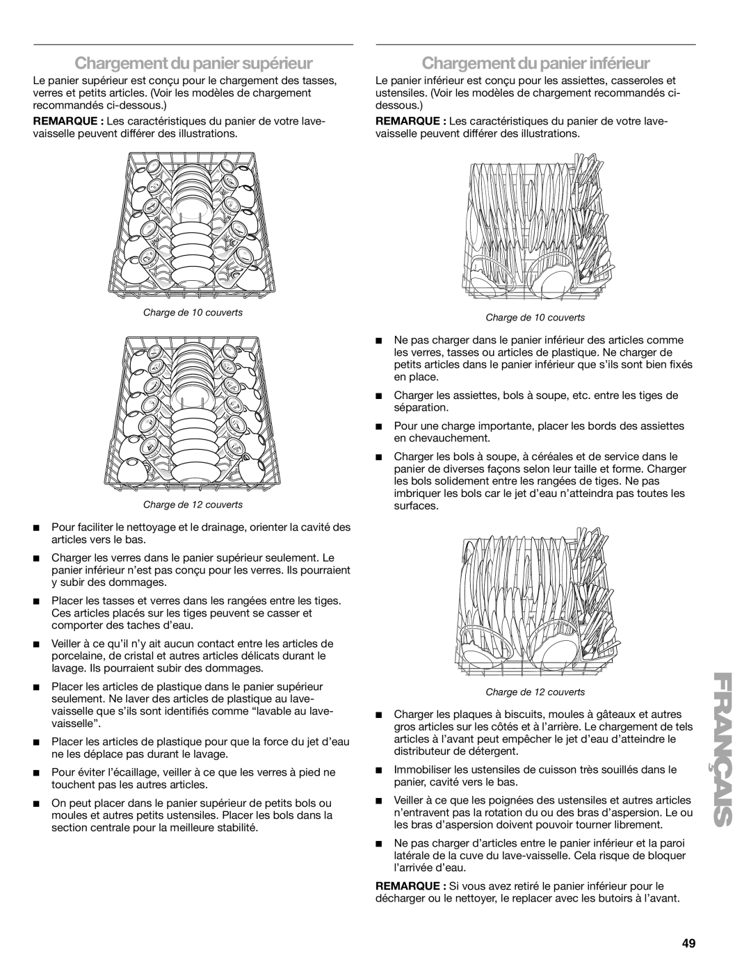 Kenmore 665.1776 manual Chargement du panier supérieur, Chargement du panier inférieur 