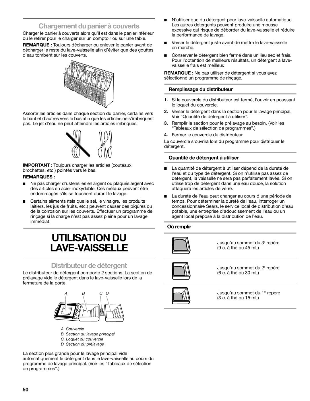 Kenmore 665.1776 manual Utilisation DU LAVE-VAISSELLE, Chargement du panier à couverts, Distributeur de détergent 