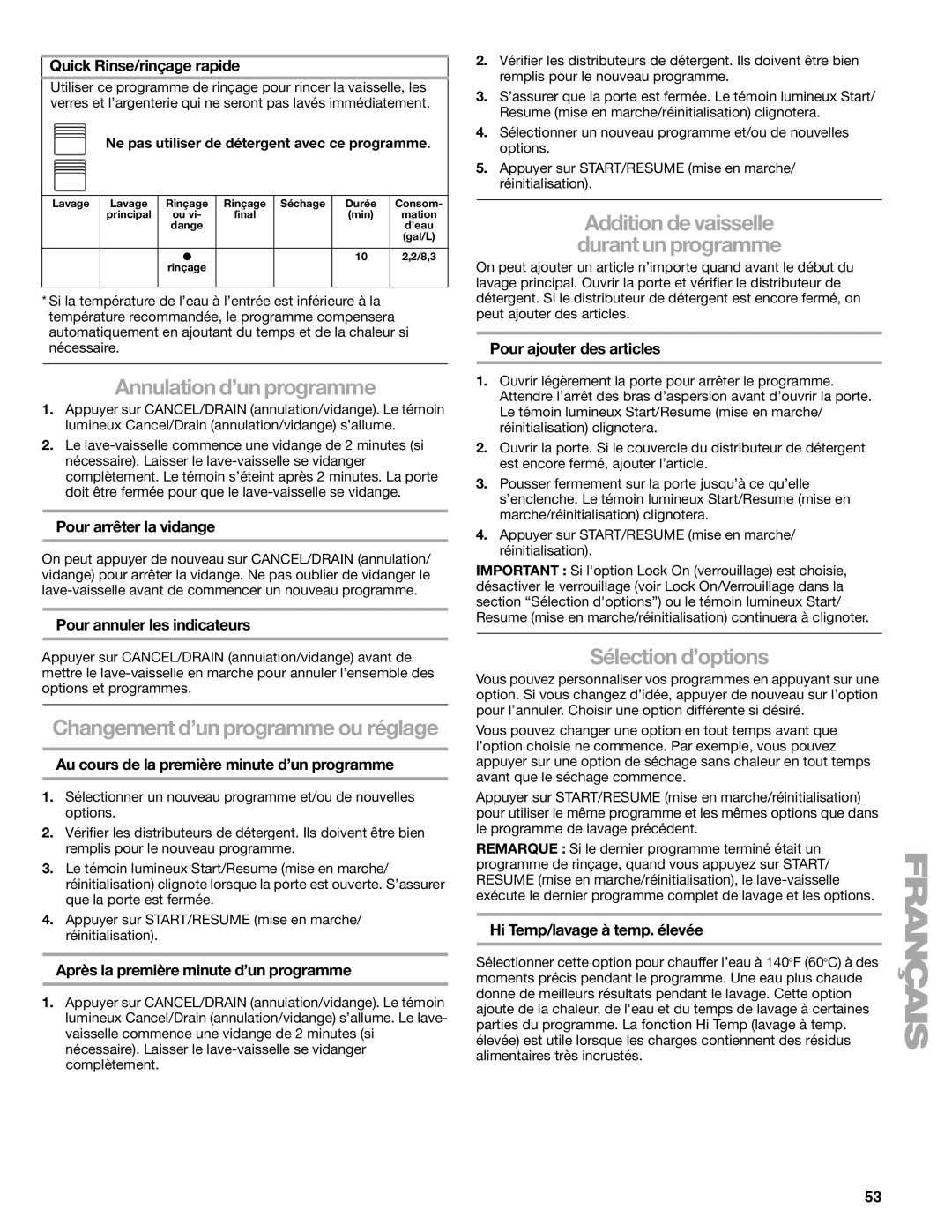 Kenmore 665.1776 manual Annulation d’un programme, Sélection d’options, Addition de vaisselle durant un programme 