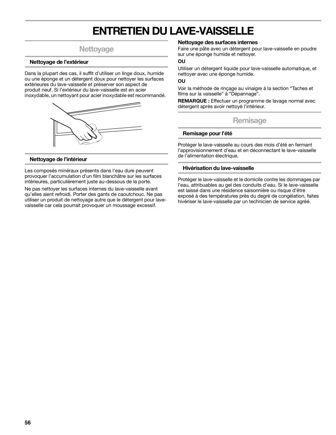 Kenmore 665.1776 manual Entretien DU LAVE-VAISSELLE, Nettoyage, Remisage 