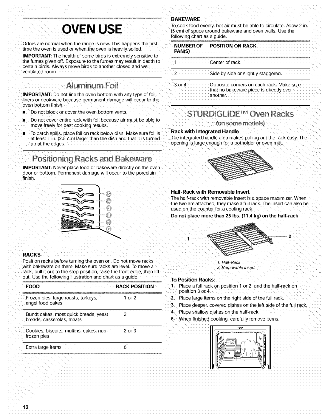 Kenmore 665.72002 manual Oven USE, Positioning Racks and Bakeware, Food Rack Position 