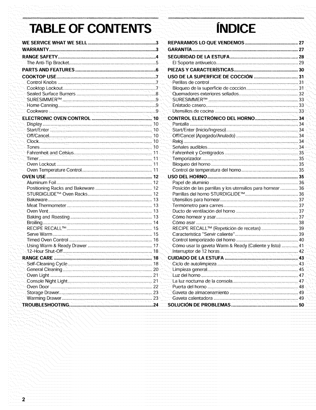 Kenmore 665.72002 manual Table of Contents 