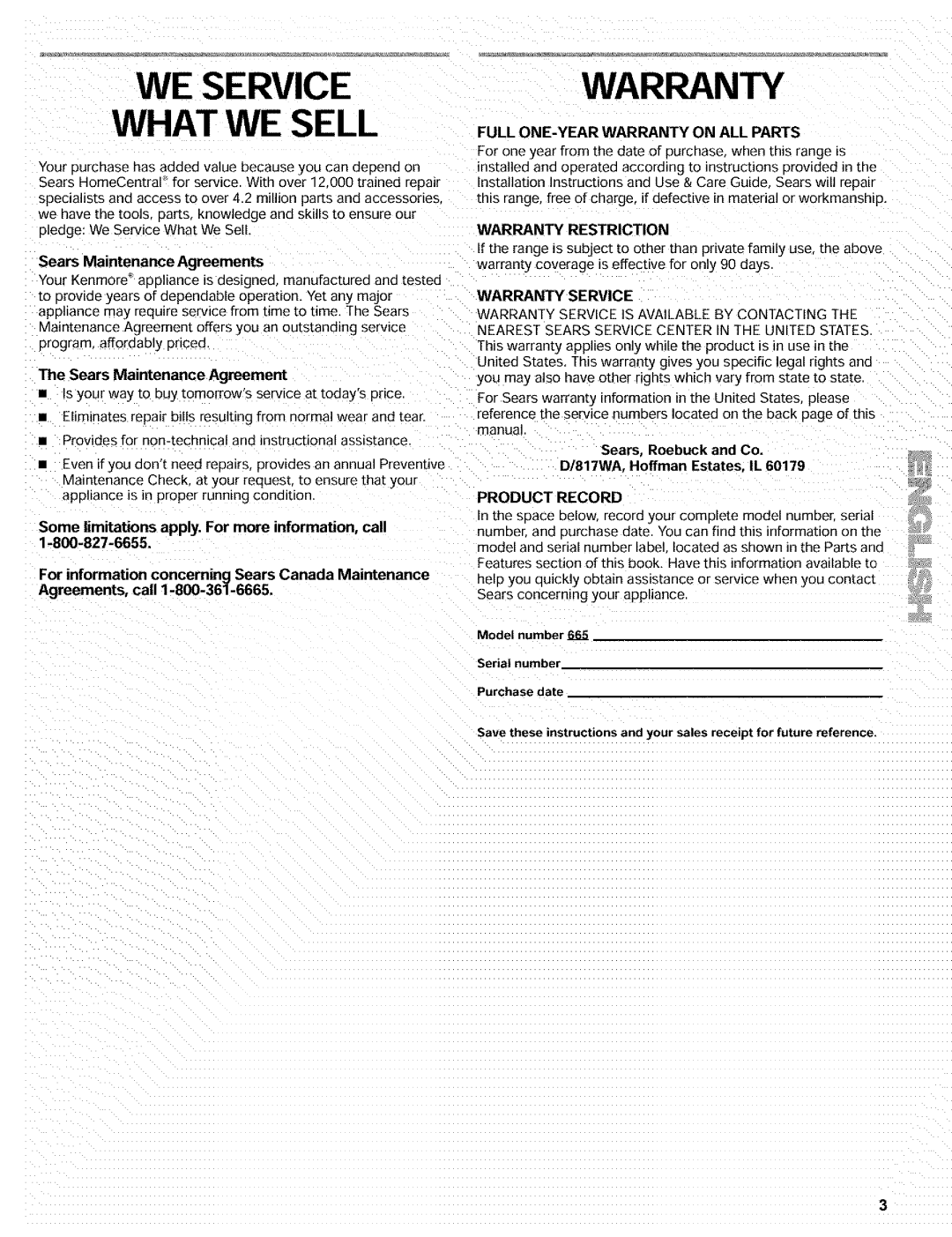 Kenmore 665.72002 manual Sears Maintenance Agreements, Warranty Restriction, Warranty Service 