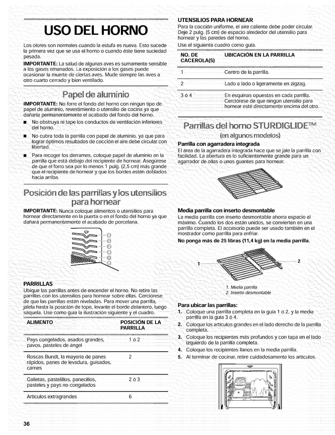 Kenmore 665.72002 manual USO DEL Horno, Parri las Homo Sturdigude, PosItiOn de pamHas y utensi I os 