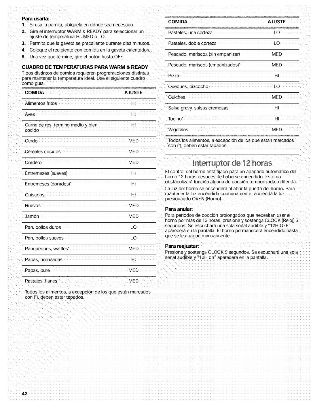 Kenmore 665.72002 manual Para usarla, Cuadro DE TEMPEItTUIaLS Papa Warm & Ready, Comidaajuste, Para anular, Para reajustar 