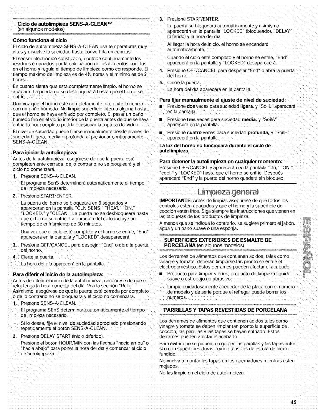 Kenmore 665.72002 manual Leza 9enera, Porcelana en algunos modelos, Ciclo de autolimpieza SENS-A-CLEAN TM 