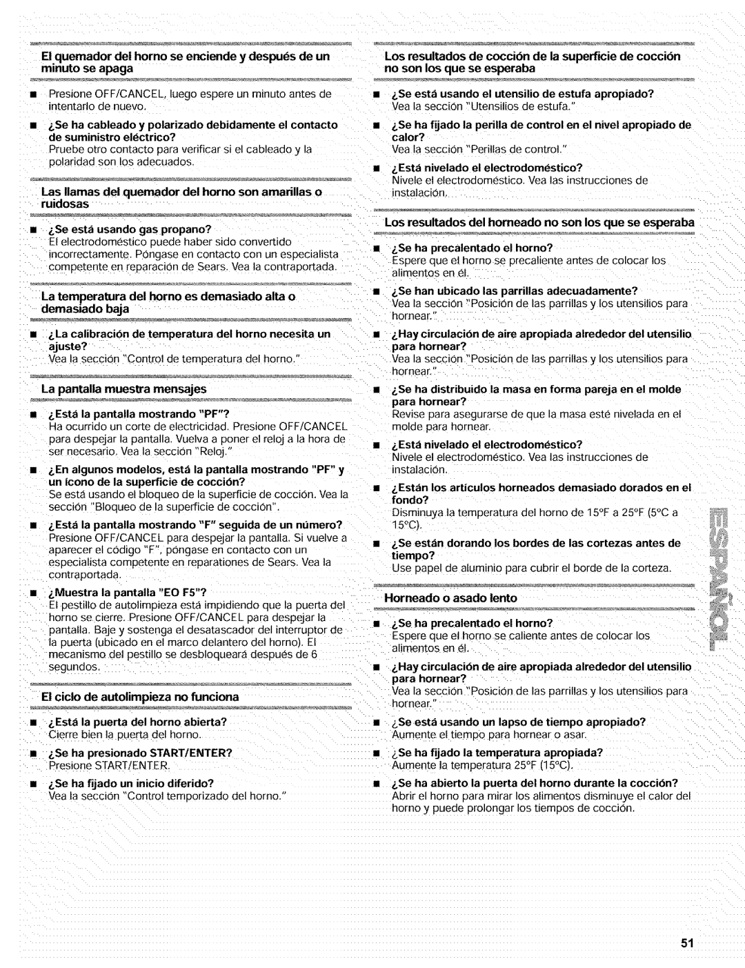 Kenmore 665.72002 manual La pantalla muestra mensajes, El ciclo de autolimpieza no funciona, Horneado o asado lento 