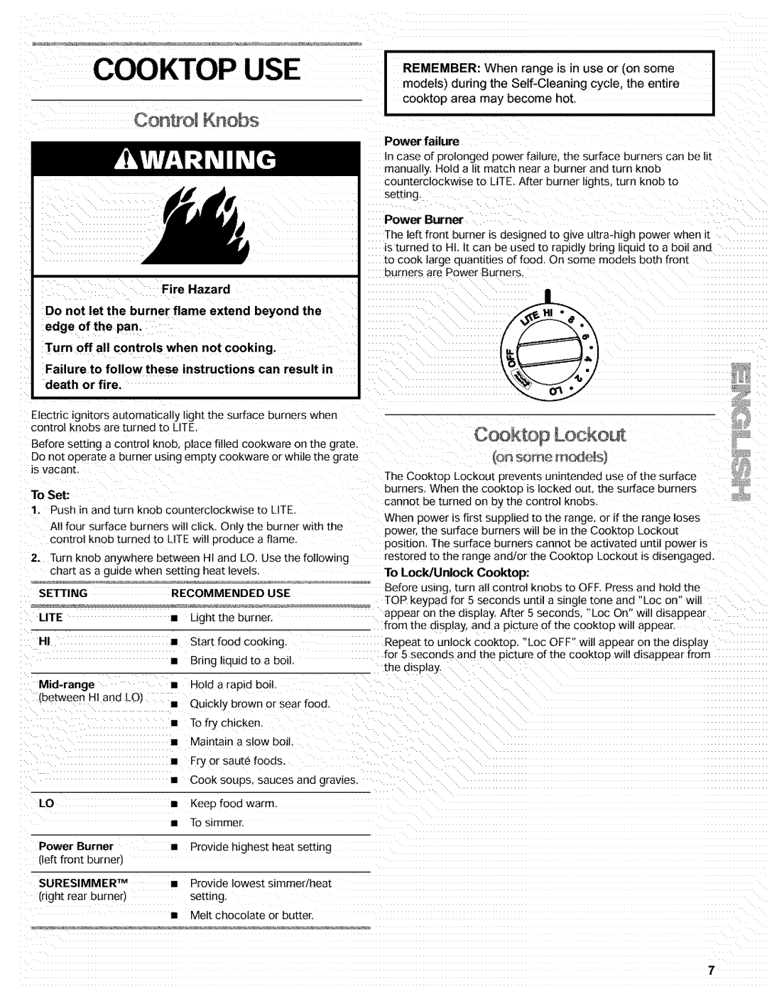 Kenmore 665.72002 manual Settingrecommendeduse, Lite, Mid-range, Power Burner, To Lock/Unlock Cooktop 