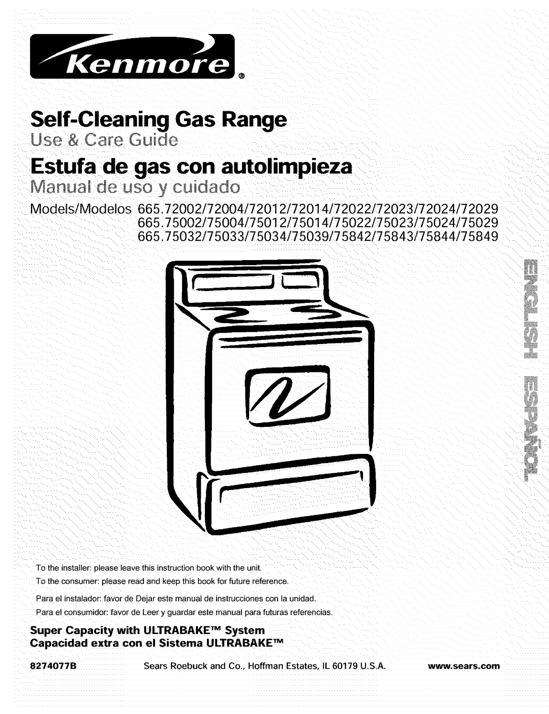 Kenmore 665.72002 manual Self-CleaningGas Range, Estufa de gas con autolimpieza, Use & Care Guide, 8274077B 