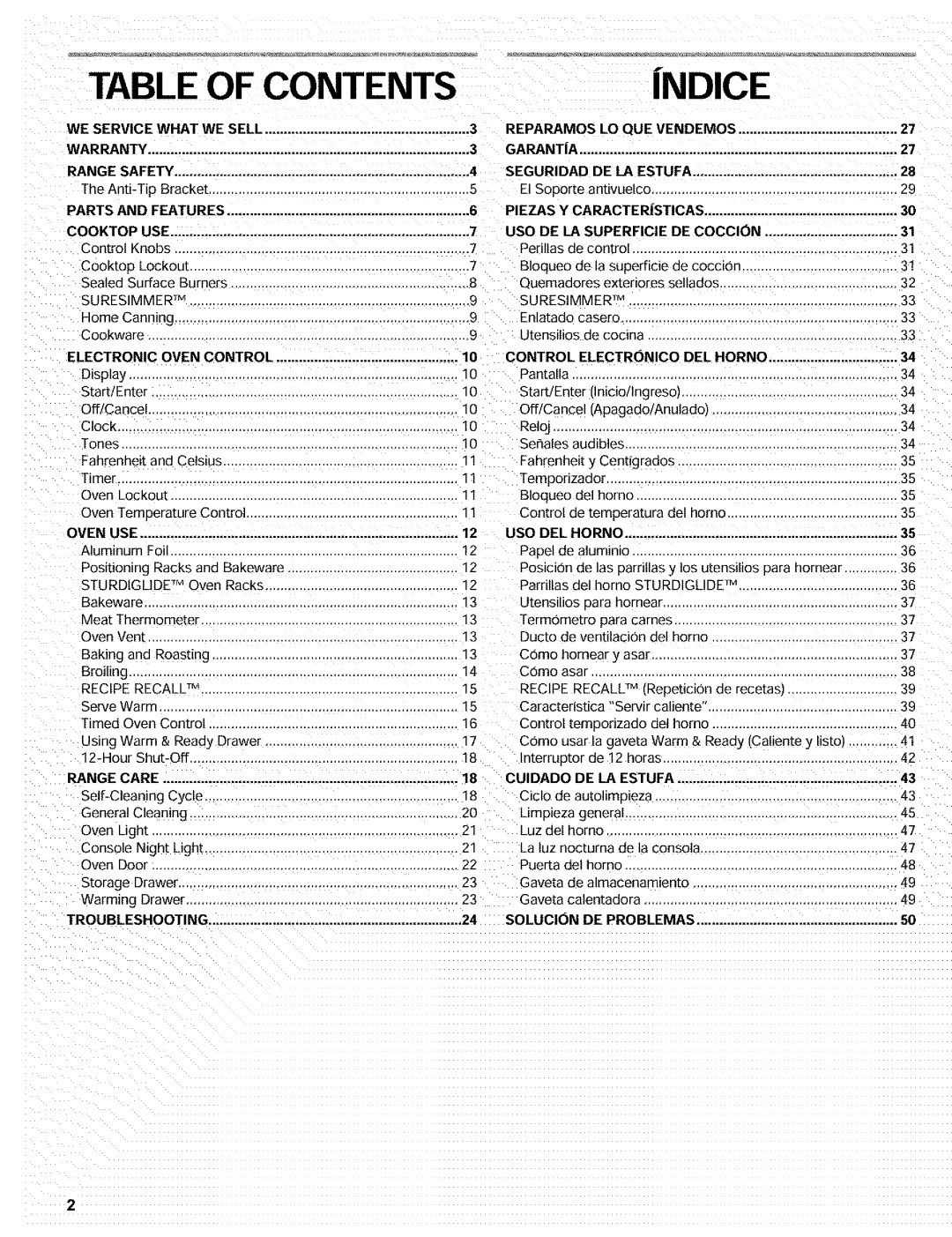 Kenmore 665.72002 manual Table Of Contents, Ndice 